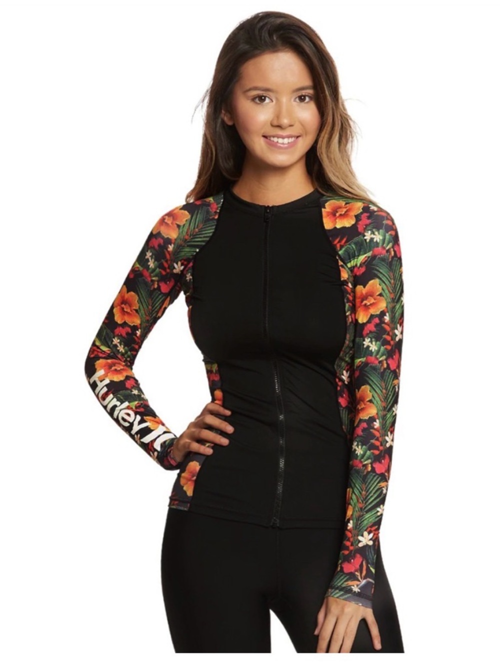 Hurley Long Sleeve Rash Guard Full Zip Tropical Floral UPF 50+ L